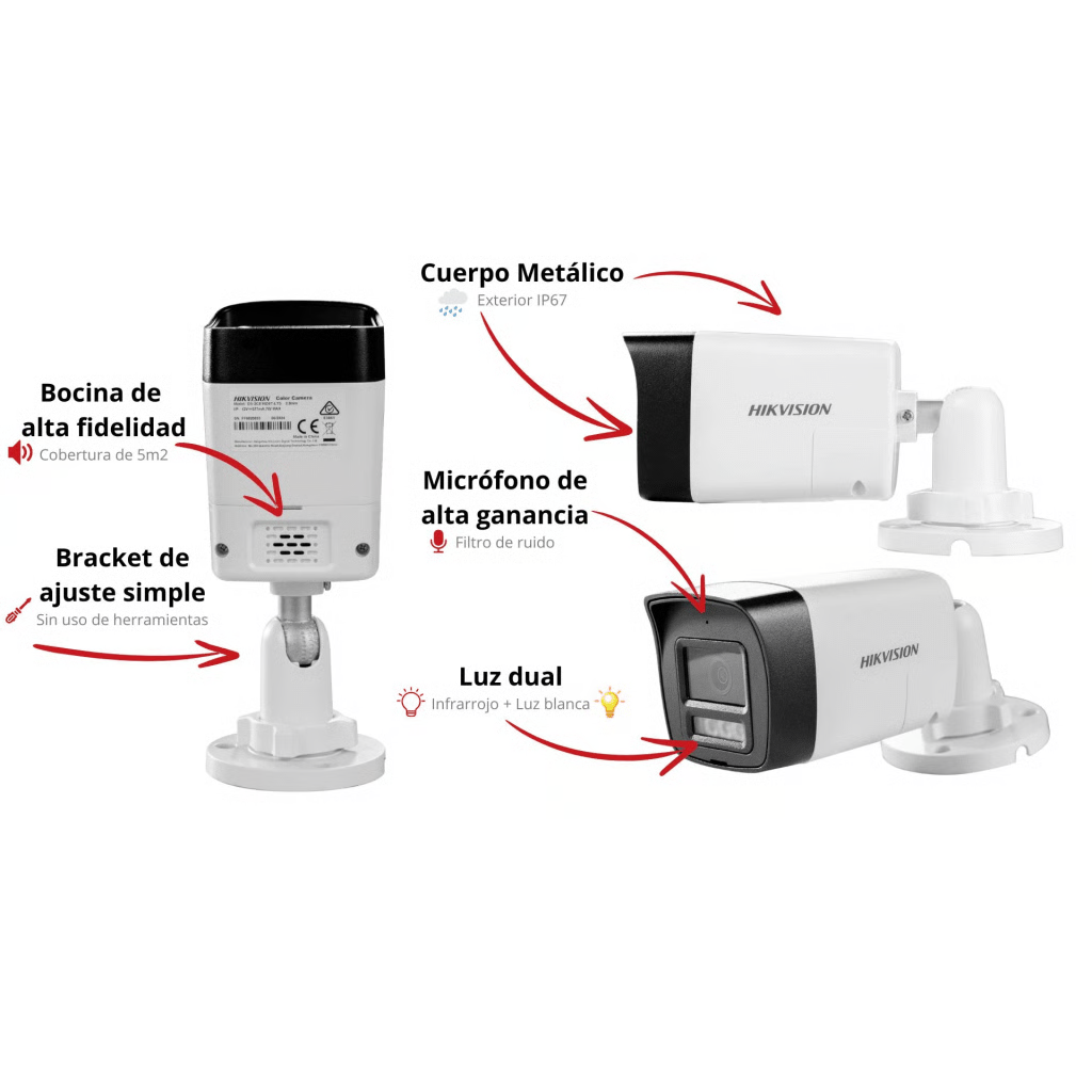 [Audio Bidireccional + Dual Light + ColorVu] Bala TURBOHD 4K (8 Megapixel) / Lente 2.8 mm / 30 mts IR EXIR + 20 mts Luz Blanca / Micrófono y Bocina Integrado / Exterior IP67 / Metal / dWDR