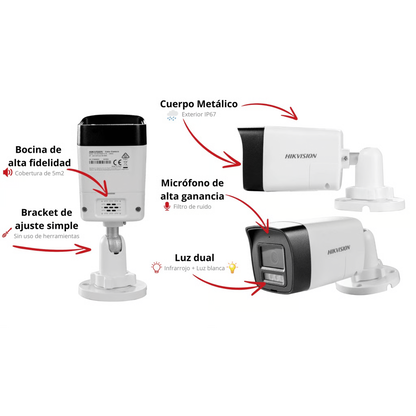 [Audio Bidireccional + Dual Light + ColorVu] Bala TURBOHD 4K (8 Megapixel) / Lente 2.8 mm / 30 mts IR EXIR + 20 mts Luz Blanca / Micrófono y Bocina Integrado / Exterior IP67 / Metal / dWDR