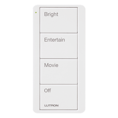 Control Pico inalámbrico de 4 botones con escenas grabadas para sala (Bright, Entertain, Movie y Off), compatible con Caseta Wireless y RA2 Select, blanco brillante