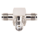 Adaptador RF en T / Triple Conector SMA Hembra / Frecuencia 18 GHz / Cuerpo Bronce Niquelado / Aislante Teflón