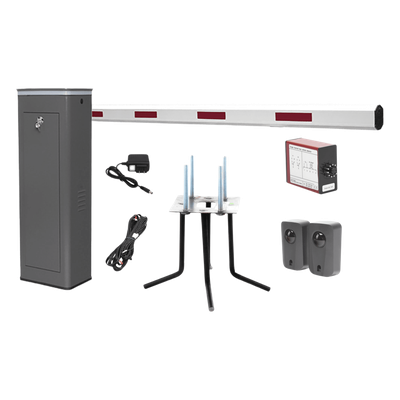 Kit COMPLETO Barrera Derecha XBS Con Corona LED / Brazo de 5.5 Metros / Incluye Sensor de Masa, Transformador, Lazo Magnético, Ancla, Fotoceldas y 2 Controles Inalámbricos