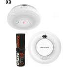 Kit de Detección de Humo / 9 Detectores Interlink + Hub Wi-Fi / Interconectable 30 Dispositivos / Batería 10 Años / Alarma 85 dB / Probador SABRE Incluido / Hik-Connect