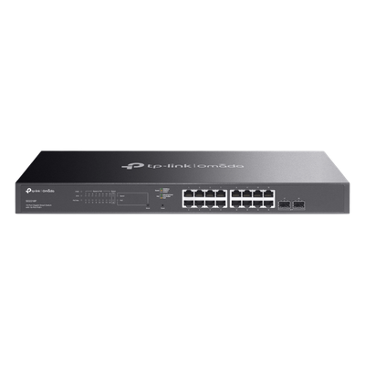 Switch Smart Omada 18 Puertos Gigabit / 16 Puertos PoE+ 802.3af/at / 2 Ranuras SFP Gigabit / Presupuesto PoE 150 W / Switching 36 Gbps / Enrutamiento Estático L2+ / Gestión Cloud SDN / Fanless / Mo