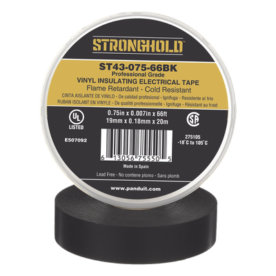 Cinta Eléctrica STRONGHOLD para Aislar, de PVC, Uso Profesional en Construcción Eléctrica, Grosor 0.18mm (7 mil), Ancho 19mm, y 20m Largo, Color Negro.