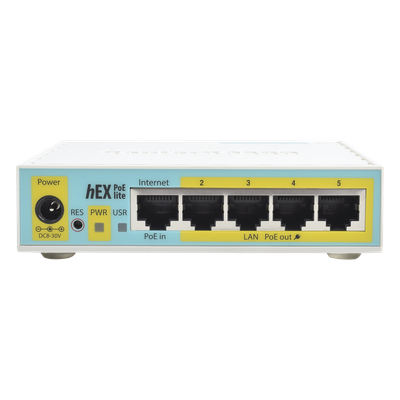 (hEX PoE LITE) RouterBoard, 5 Puertos Fast Ethernet, 4 con PoE Pasivo, 1 Puerto USB