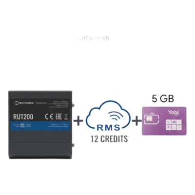 Router Teltonika LTE/4G RUT200 + 12 creditos RMS  + SIM de YOBI de 5GB por Mes durante un año de servicio (solo datos)