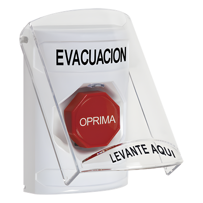 Botón de Evacuación, Texto en Español, Tapa Protectora de Policarbonato Súper Resistente, Restablecimiento con Llave