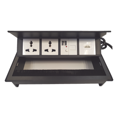 Caja Horizontal Tipo Hub para Escritorio Color Negro, con 1 Puerto HDMI Hembra-Hembra, 1 Puerto RJ45 Cat6, 2 Puertos USB (Solo Carga), y 2 Contactos Eléctricos Universales