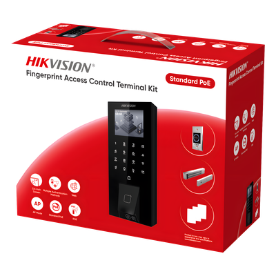 Kit Terminal Control Acceso Biométrico DS-KAS807 / Huella Digital / Códigos QR / 2.4\" LCD / 5000 Huellas + 5000 Tarjetas / IP65 / Wi-Fi + PoE / Cerradura Magnética 272 kg / Botón Touchless