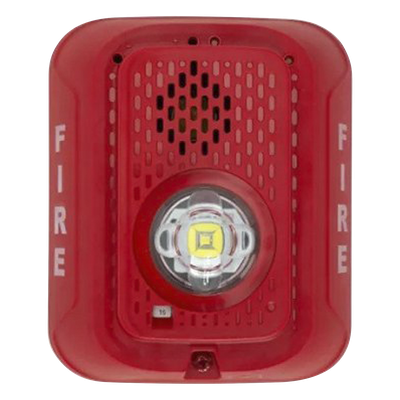Sirena con estrobo LED de 2 hilos para pared, 24 Vcd, candela seleccionable hasta 185 cd, puntos de prueba DVM, color rojo