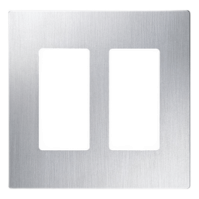 Placa de pared sin tornillos de 2 espacios para atenuadores e interruptores con apertura tipo designer, acabado acero inoxidable, línea Claro