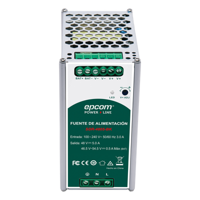 Fuente de Alimentación Industrial / Riel DIN / 48 VCC / 5 A / 240 W / Eficiencia ≥ 90% / -20 a 70 °C / Cargador de Batería Integrado