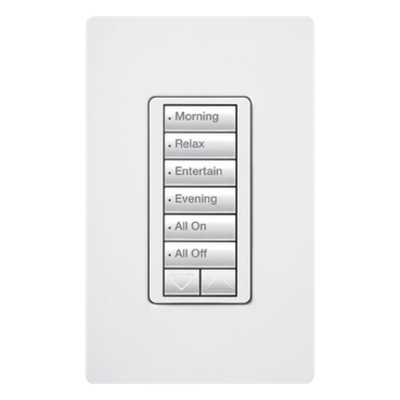 Teclado híbrido C•L de 6 botones con subir/bajar y atenuador integrado de 450 W (100 W en LED/CFL), requiere neutro, para sistema RadioRA 2, color blanco