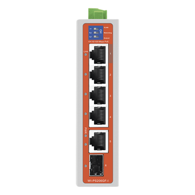 Switch Industrial / 4 Puertos 10/100 Mbps con PoE 802.3af/at / 2 Puertos Uplink Gigabit (1 Rj45 - 1 SFP) / PoE Hasta 250 m