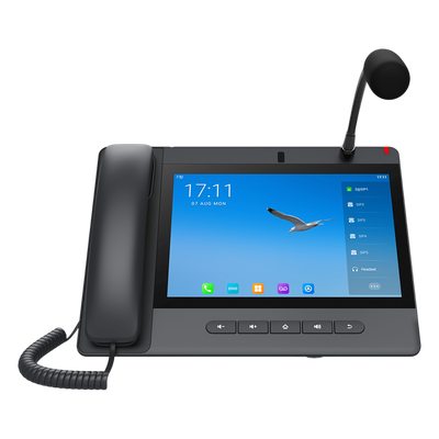 Teléfono IP Android 9.0 Empresarial para voceo 20 líneas SIP, pantalla táctil, Wi-Fi y Bluetooth, PoE, Voceo/ Musica por Multicast, puertos Gigabit, soporta recepción de video.
