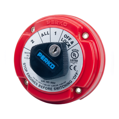 Switch Selector de Batería Marina PERKO 8502 con Llave / 250A Continuos 360A Intermitentes / 6-32 VCC / Selector 1-2-Both-Off / Bloqueo con Llave / Encendido Protegido
