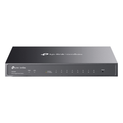 Switch Administrado Gigabit 8 Puertos / Omada SDN / 16 Gbps Capacidad Switching / Gestión Cloud y Local / VLAN / QoS / ACL / Sin Ventiladores / Montaje Pared-Escritorio