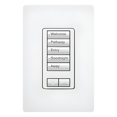 Teclado de pared seeTouch de 5 botones con subir/bajar para control de luces y cortinas en sistemas RadioRA 2, 120 V, retroiluminado, color blanco