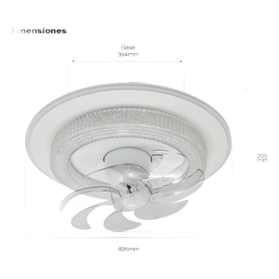 Ventilador de Techo con Luminario LED de 110 V CA 50/60 Hz /  88 W / 3 Tonos de Luz (6500 - 4 000 - 2 700 K) / Con giro 360° / Diámetro 495 mm / 6 Velocidades / Dimeable.