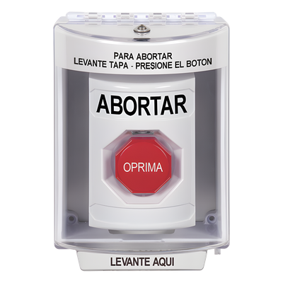Botón de Abortar, Bocina de Advertencia Integrada, Texto en Español, Tapa Protectora de Policarbonato Súper Resistente con Espaciador, Restablecimiento con Llave
