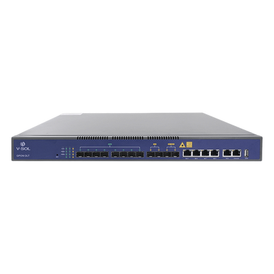 OLT de 8 puertos GPON con 8 puertos Uplink (4 puertos Gigabit Ethernet + 2 puertos SFP + 2 puertos SFP+) hasta 1,024 ONUs