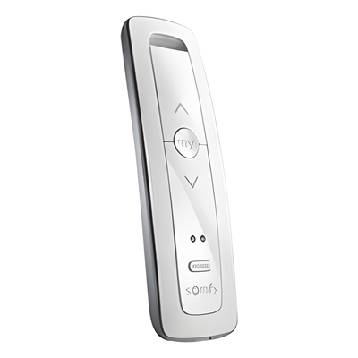 Control remoto 2 canales para motores de persiana Somfy con señal inalámbrica, instrucciones: sube, baja y detener, con posición favorita programada.