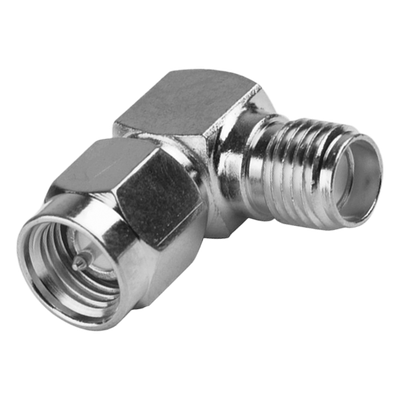 Adaptador en Ángulo Recto, de Conector SMA Macho a SMA Hembra Níquel/ Oro/ Teflón.