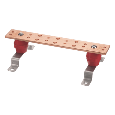 Barra Unión Telecom TMGB / 12 x 2 x 1/4 in / Cobre 100% / 6+12 Orificios / Montaje Muro Incluido / Aisladores Rojos / J-STD-607-A