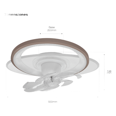 Ventilador de Techo con Luminario LED de 110 V CA 50/60 Hz /  88 W / 3 Tonos de Luz (6500 - 4 000 - 2 700 K) / Con giro 360° / Diámetro 550 mm / 6 Velocidades / Dimeable.