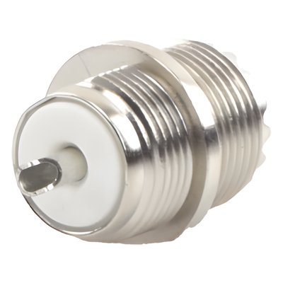 Conector UHF Hembra (SO-239) en Línea, Montaje Frontal en D Plano, Níquel/ Plata/ Baquelita.