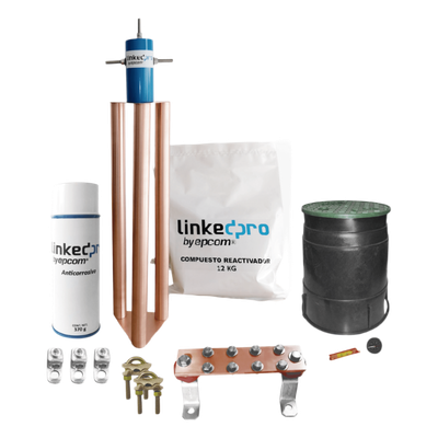 Kit Puesta a Tierra 200A / Electrodo Cobre Electrolítico / Diseño Delta / Filtro Equipotencial / Compuesto 12 kg / Barra Unión + Conectores + Registro