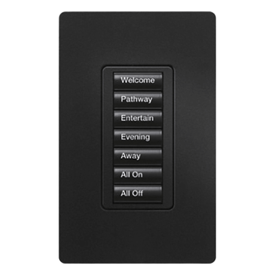 Teclado de pared seeTouch de 7 botones retroiluminados para control de escenas de luces y cortinas en sistema RadioRA 2, color Midnight satinado
