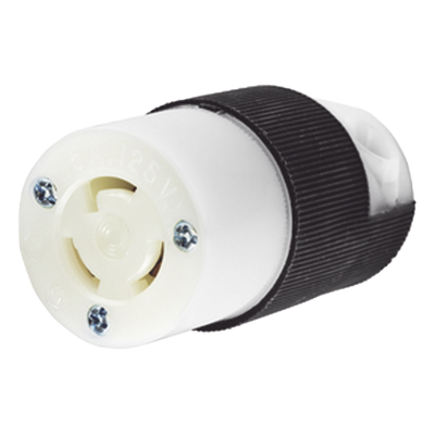 Conector Industrial con Bloqueo de Media Vuelta / 15 A 125 V CA / 2 Polos 3 Hilos / Color Blanco y Negro / Nema L5-15R.