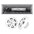 Kit de Audio Marino Bluetooth / Estéreo con 3 Salidas Preamplificadas / Bocinas 6.5 Pulgadas Resistentes al Agua / Ecualizador 13 Bandas / Sintonizador FM 87.9-107.9 MHz