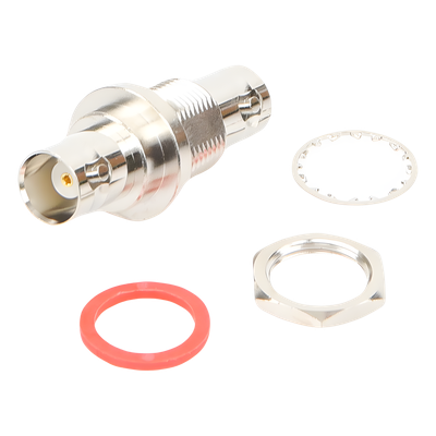 Adaptador Doble BNC Hembra para Chasis, Hermético y de Montaje en D-Plano, Níquel/ Oro/ Delrin.