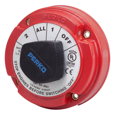 Switch Selector de Batería Marina PERKO 8501 / 250A Continuos 360A Intermitentes / 6-32 VCC / Encendido Protegido / Selector 1-2-Both-Off / Desconexión de Alternador