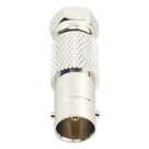 Adaptador en Línea / BNC Hembra a F Macho / 50 Ohm / Cuerpo Níquel / Contacto Oro / 36.5 mm