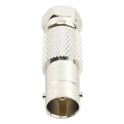 Adaptador en Línea, de Conector BNC Hembra a F Macho, Níquel/ Oro/ Delrin.