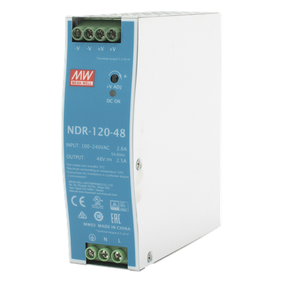 Fuente de poder industrial de 120 W, salida 48 Vcc, entrada 90~264 VCA, para montaje en riel DIN,