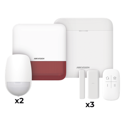 (AX PRO) KIT de Alarma AX PRO con GSM (3G/4G) / Incluye: 1 Hub con bateria de respaldo / 2 Sensores PIR / 3 Contactos Magnéticos mini / 1 Control Remoto / 1 Sirena estrobo Roja Inalambrica Exterior