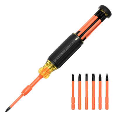 Destornillador Aislado 6-en-1 Auto-Lock / Aislado 1000V CAT III / Almohadilla de agarre / Almacenamiento de brocas integrado / Bits Philips #1 #2 / Slotted 3/16\" 1/4\" / Square #1 #2