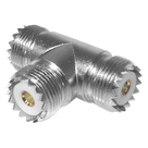 Adaptador en forma T, de Conector UHF Hembra (SO-239) a Doble Conector UHF Hembra, Níquel/ Plata/ Delrin.