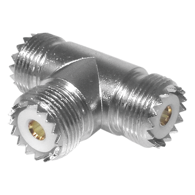 Adaptador en forma T, de Conector UHF Hembra (SO-239) a Doble Conector UHF Hembra, Níquel/ Plata/ Delrin.