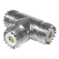 Adaptador en forma T, de Conector UHF Hembra (SO-239) a Doble Conector UHF Hembra, Níquel/ Plata/ Delrin.