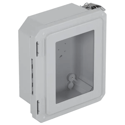 Caja Impermeable De Fibra De Vidrio, 8.77\" (22.27cm) Alto x 6.77\" (17.19cm) Ancho x 4.06\" (10.31cm), Con Ventanilla, Listado UL/cUL, Hecho En EE.UU, Serie EnviroArmour®