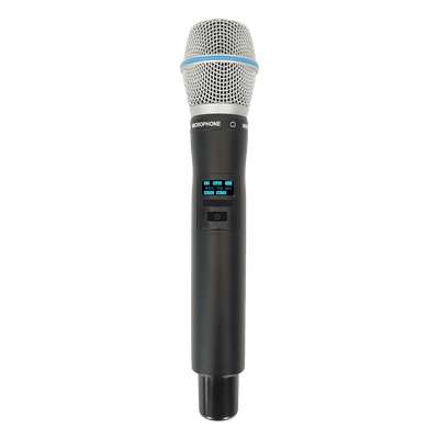 Micrófono Mano Inalámbrico EP-59H | Rango Frecuencia 470-510MHz, 540-590MHz, 640-690MHz, 807-830MHz | Potencia Salida ≥10dBm | Autonomía >10 Horas | Mute Automático por Caída | Display OLED | 7 Niv
