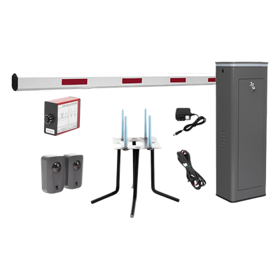 Kit COMPLETO Barrera Izquierda XBS Con Corona LED / Brazo de 5.5 Metros / Incluye Sensor de Masa, Transformador, Lazo Magnético, Ancla, Fotoceldas y 2 Controles Inalámbricos