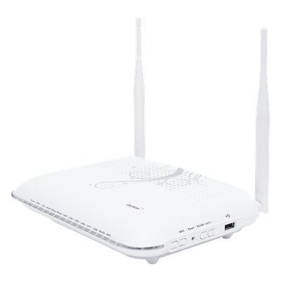 ONU GPON con 4 puertos Gigabit Ethernet + 2 POTS + 1 USB + 1 CATV (RF) + WiFi 2.4 GHz, conector SC/APC