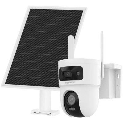 Kit Solar IP All in One Doble Lente / AOV / PT IP 4 Megapixel Lente 4 mm / Fijo 4 Megapixel Lente 2.8 mm / Panel Solar + Batería de Respaldo de Litio (9000 mAh) / Conexión 4G / Audio de Dos Vías /