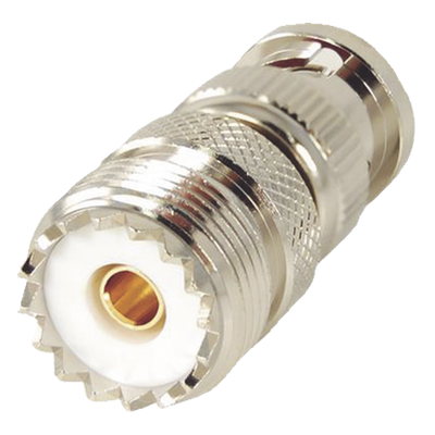 Adaptador en Linea para 50 Ohm, Conector BNC Macho-UHF Hembra (SO-239), Níquel/ Oro/ Delrin.